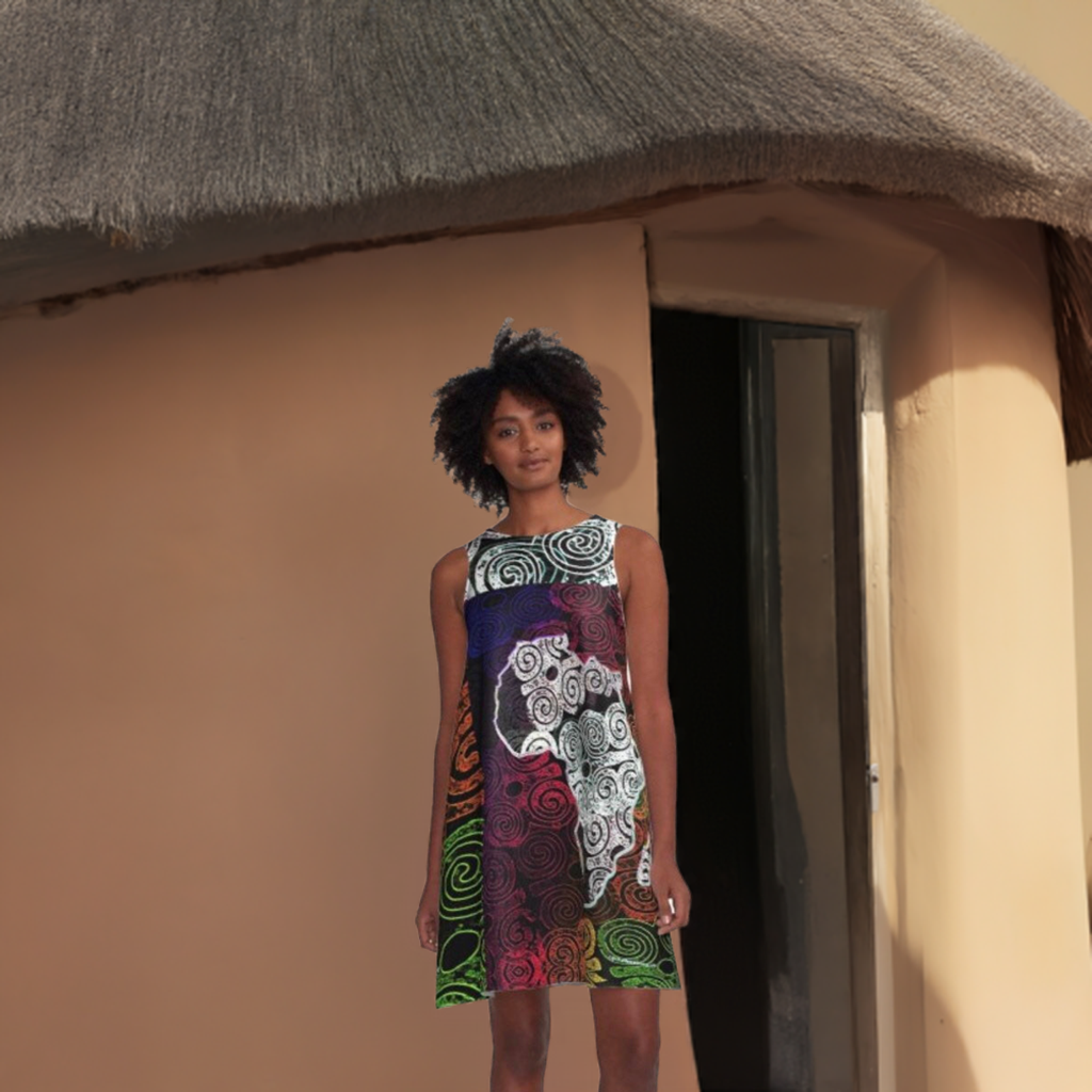 Africa Map Adorned - white shoulder details -  A-Line Dress