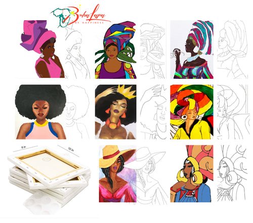 Afro Queens 8 Pack 8x10 Canvas Painting Set | Bulk Sip and Paint Pre Drawn DIY Stretched Canvas