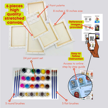 Every Queen DIY Painting Kit - 6 pc Canvas pack -  8 x 10 inches Predrawn Canvas - 24 paint pots, 6 brushes, palette with instruction