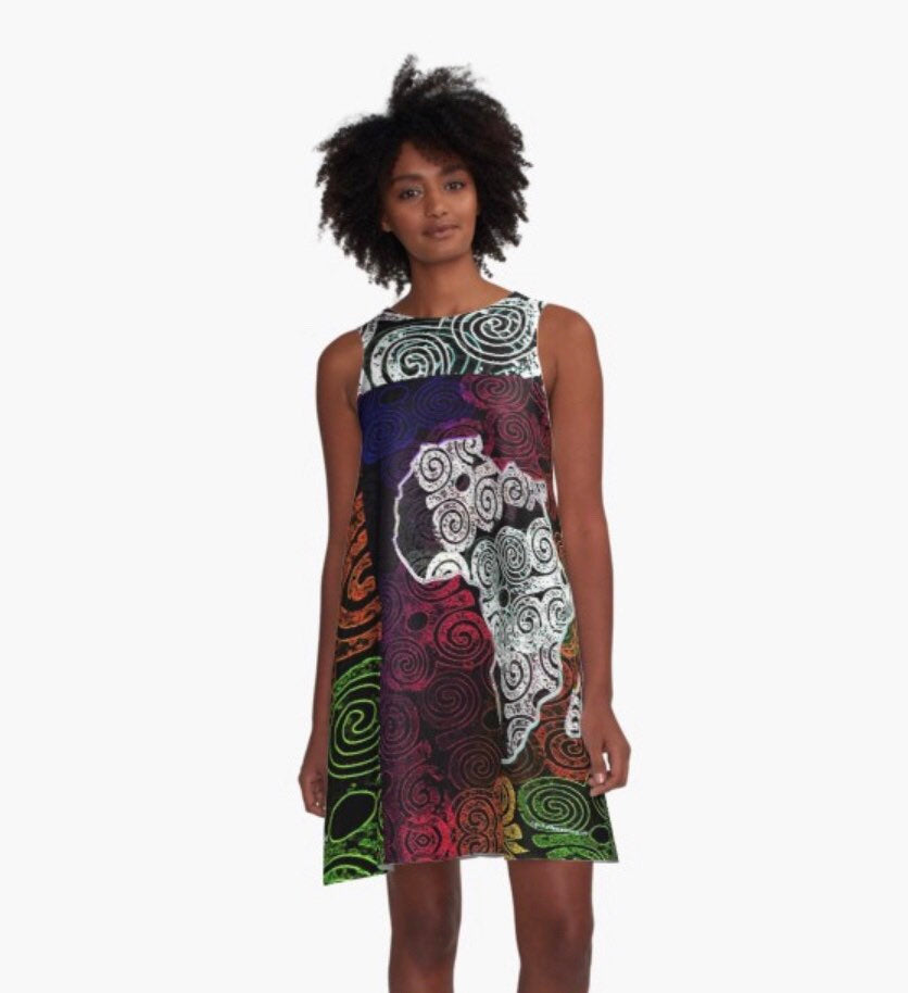 Africa Map Adorned - white shoulder details -  A-Line Dress