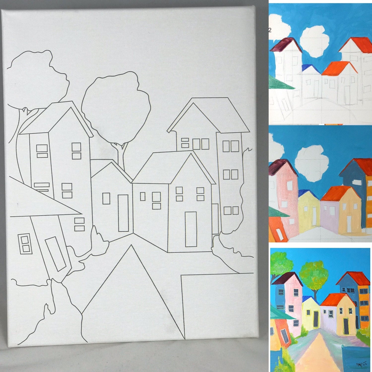 Sweet Homes Street Landscape Drawing - DIY Ready to Paint Canvas - Predrawn Canvas