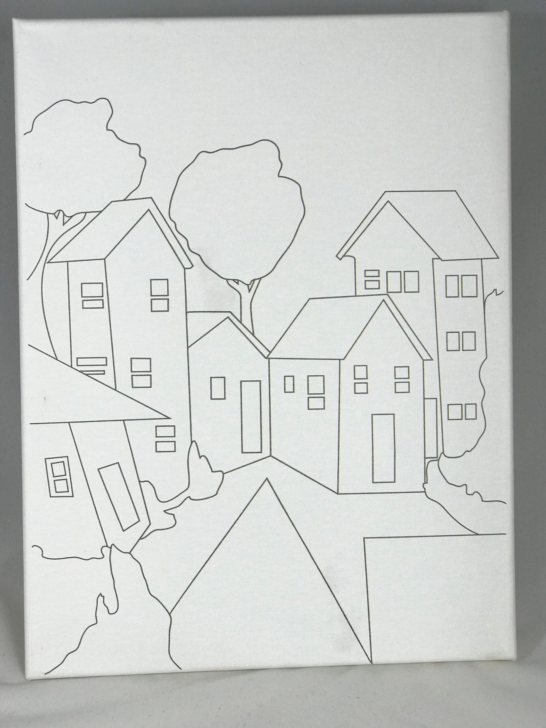 Sweet Homes Street Landscape Drawing - DIY Ready to Paint Canvas - Predrawn Canvas