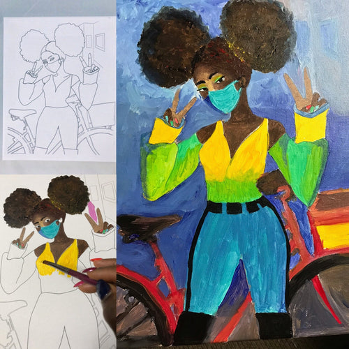 DIY Paint and SIp Afro Puff Biker Girl with Peace Sign - Paint Party Predrawn Canvas