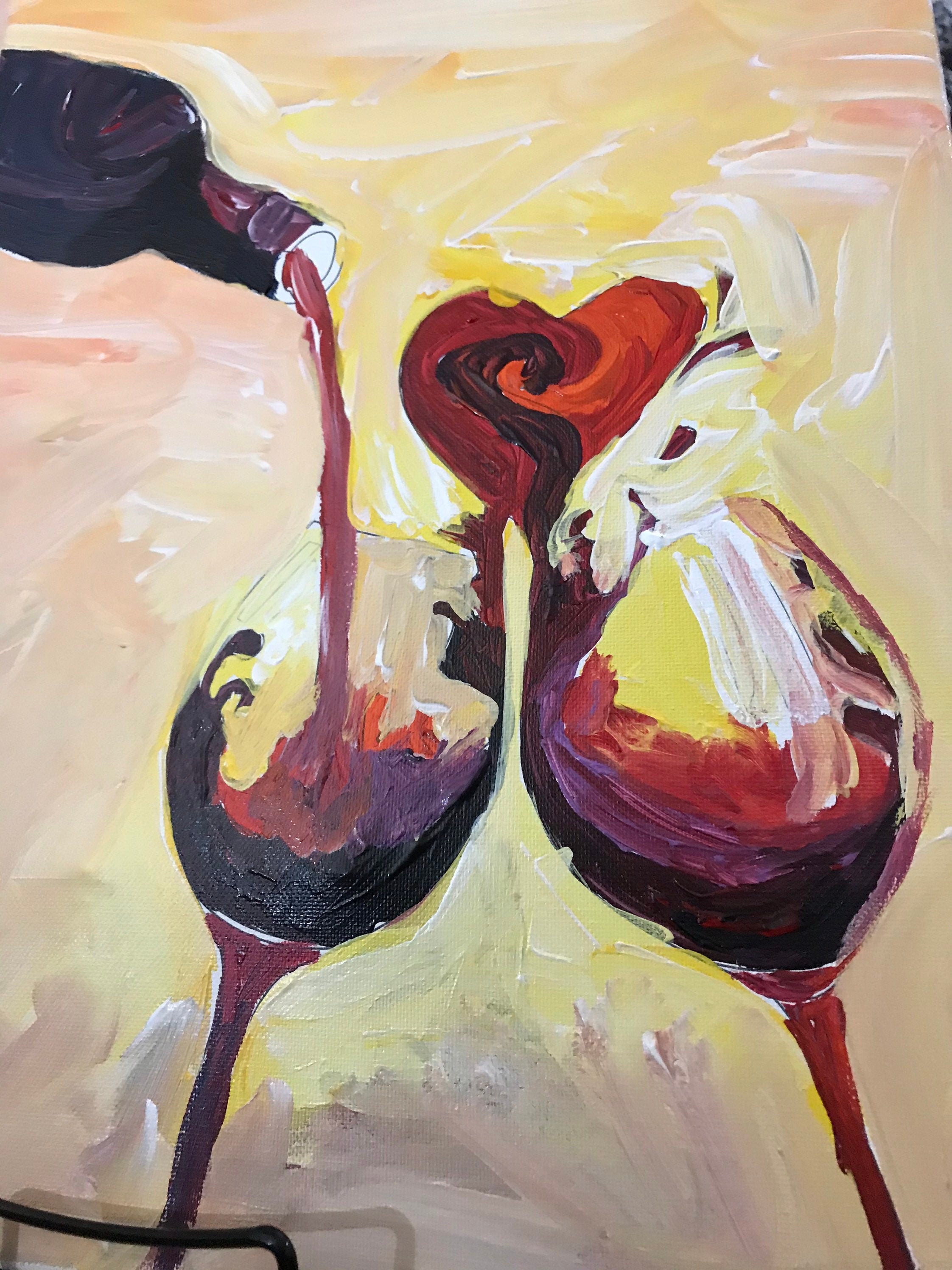 Wine and Love - Valentine Love Pouring Over Two Glasses - DIY Painting canvas