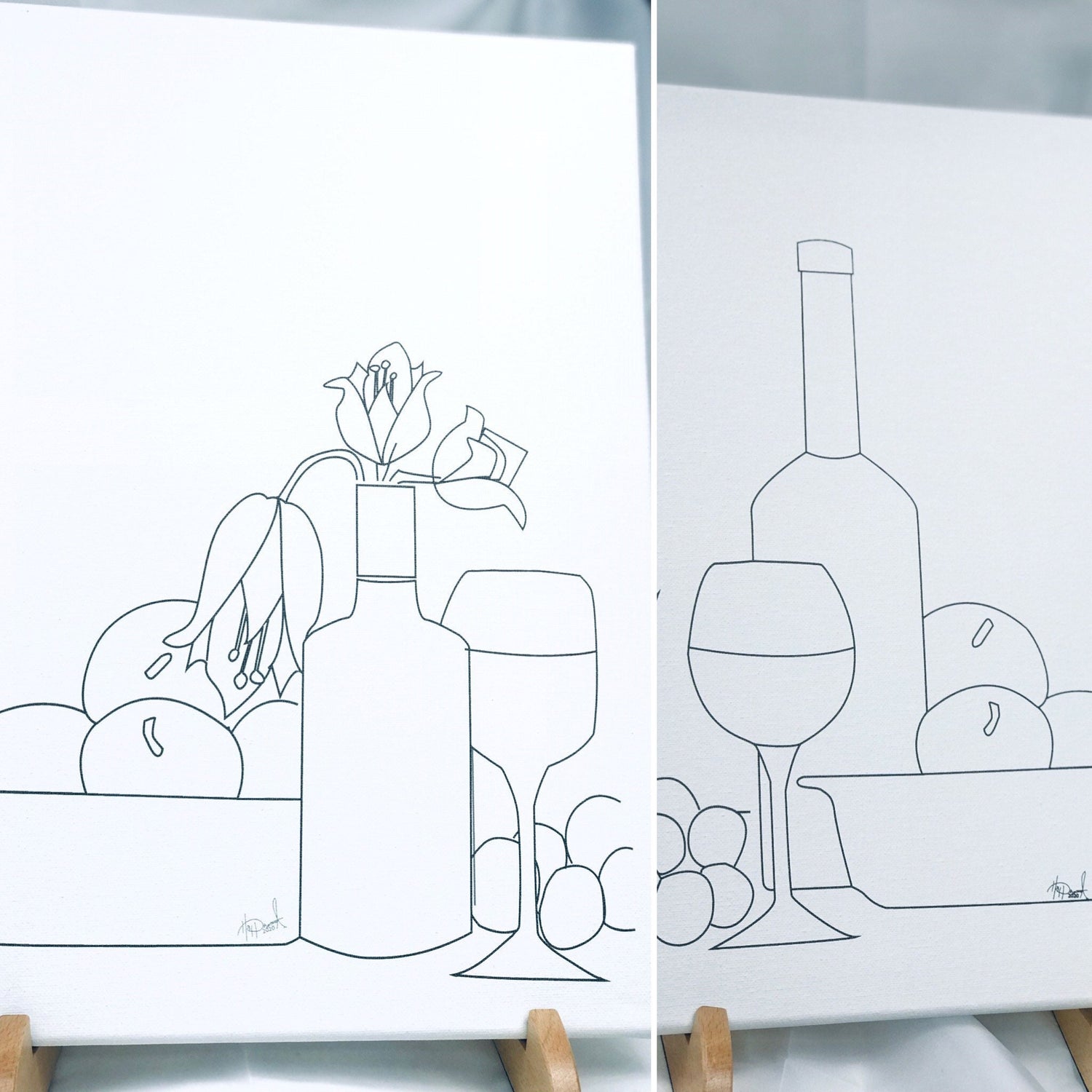 Couples Wine Fruit Flowers and Grape Canvases - 2 canvases - Left  and right Pair - Predrawn Coloring canvas