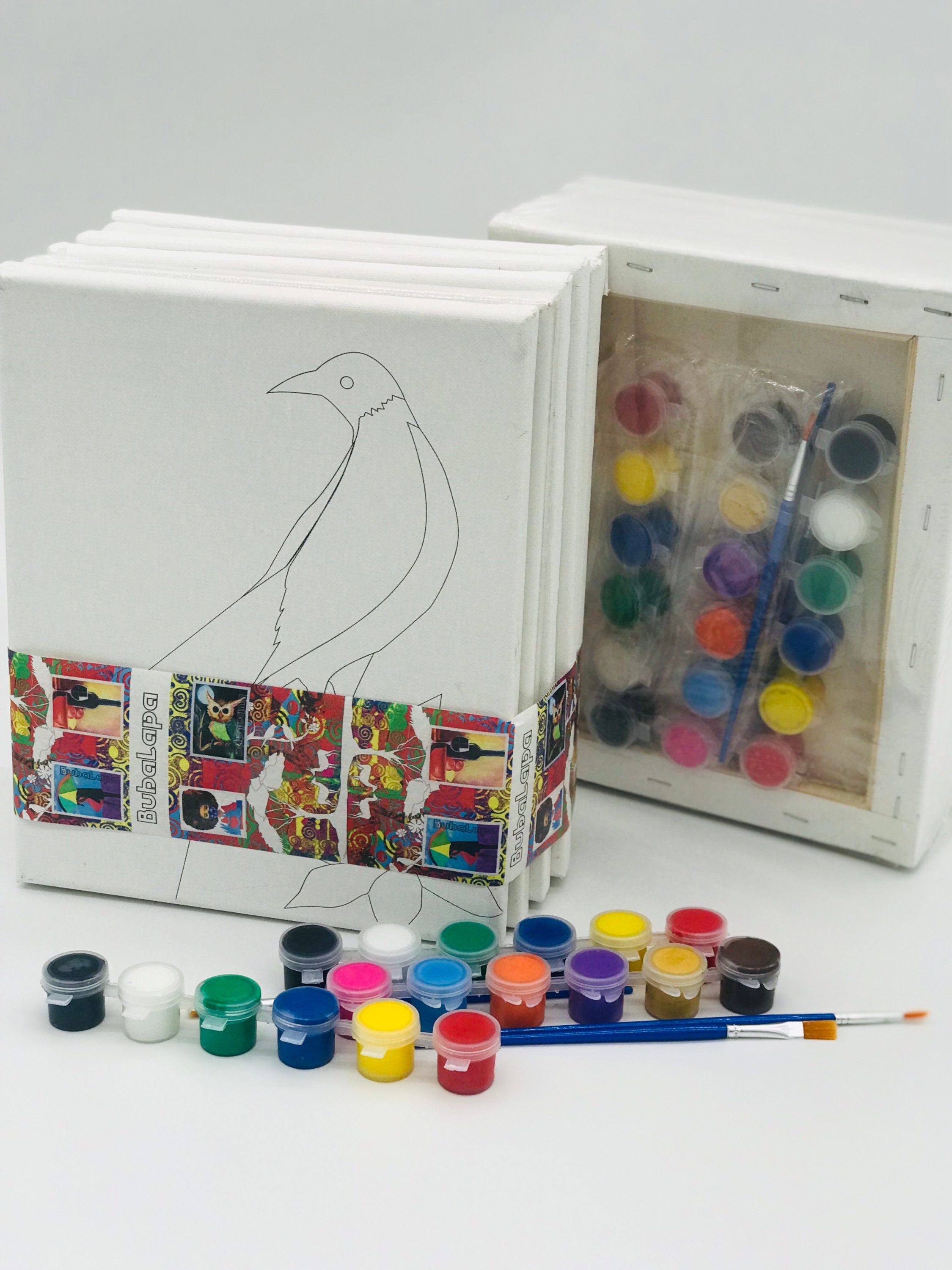 Birds and Flowers DIY Painting Kit - 6 Canvas pack - 24 paint pots -6 brushes, palette with instruction - 8 x 10 inches Predrawn Canvas