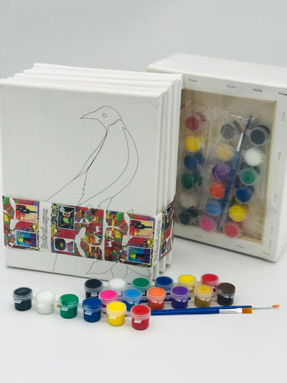 Birds and Flowers DIY Painting Kit - 6 Canvas pack - 24 paint pots -6 brushes, palette with instruction - 8 x 10 inches Predrawn Canvas