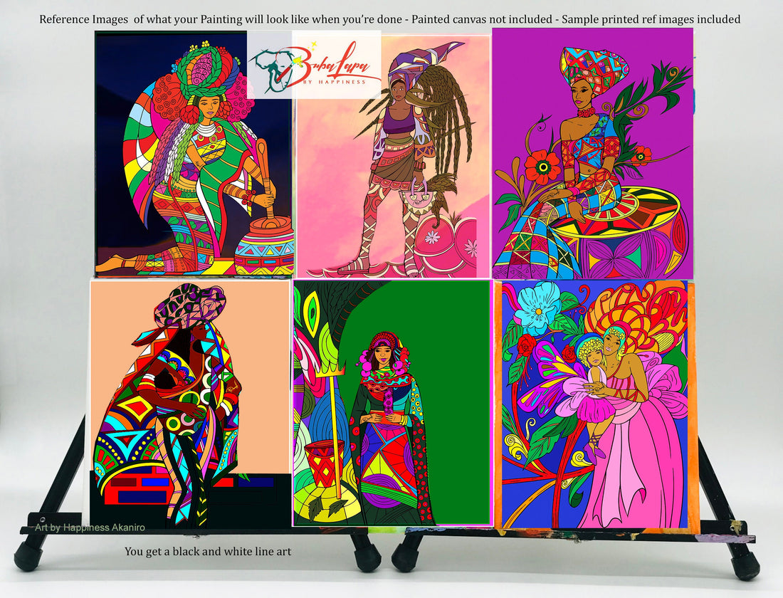 Festive African Women Painting Kit - 6 pc pack -  8 x 10 inches Predrawn Canvas - 18 paint pots, 3 brushes, palette with instruction