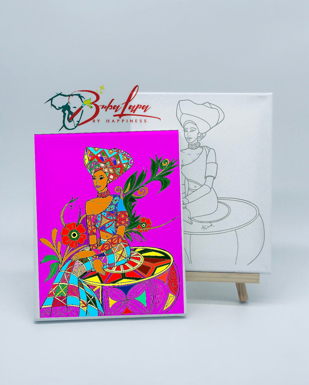 Festive African Women Painting Kit - 6 pc pack -  8 x 10 inches Predrawn Canvas - 18 paint pots, 3 brushes, palette with instruction