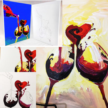 Wine and Love - Valentine Love Pouring Over Two Glasses - DIY Painting canvas